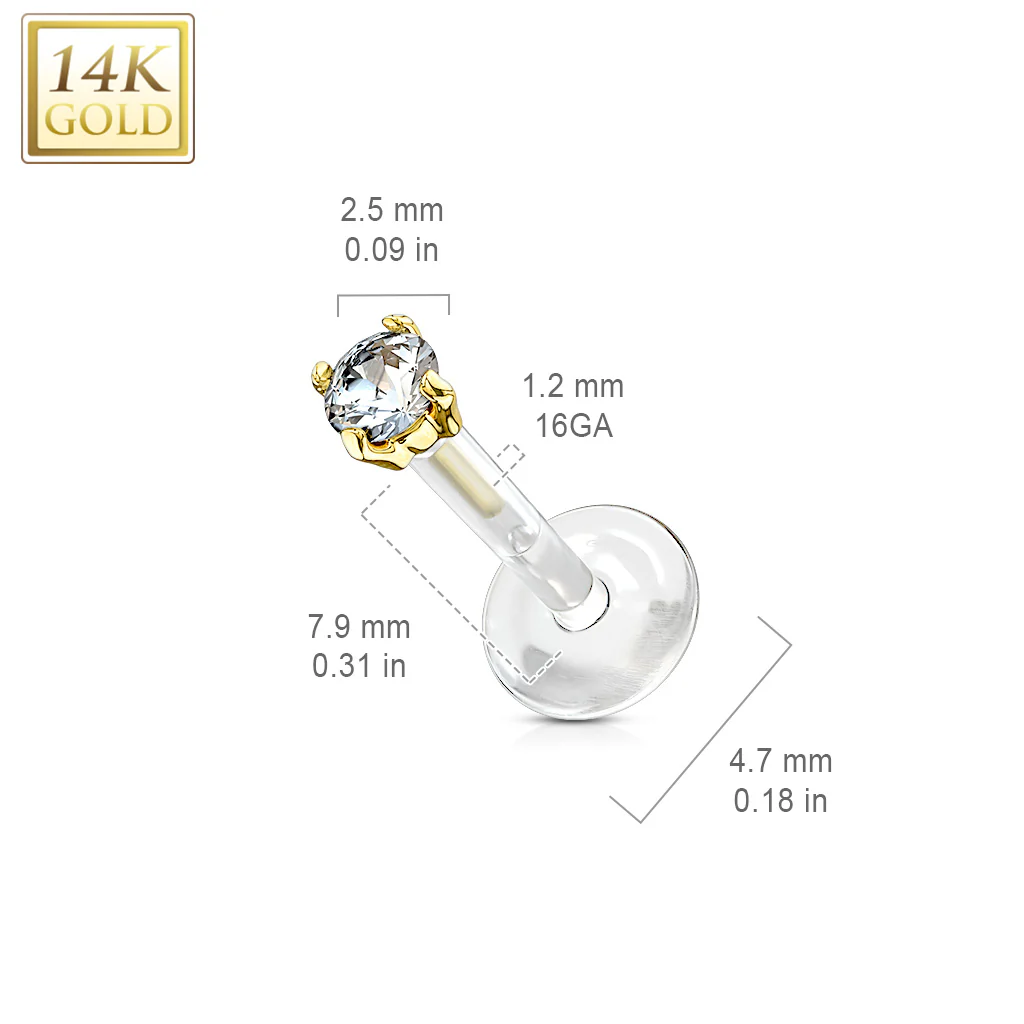 14K Solid Gold CZ Prong PTFE Flex Shaft Labret Monroe Cartilage - Image 3