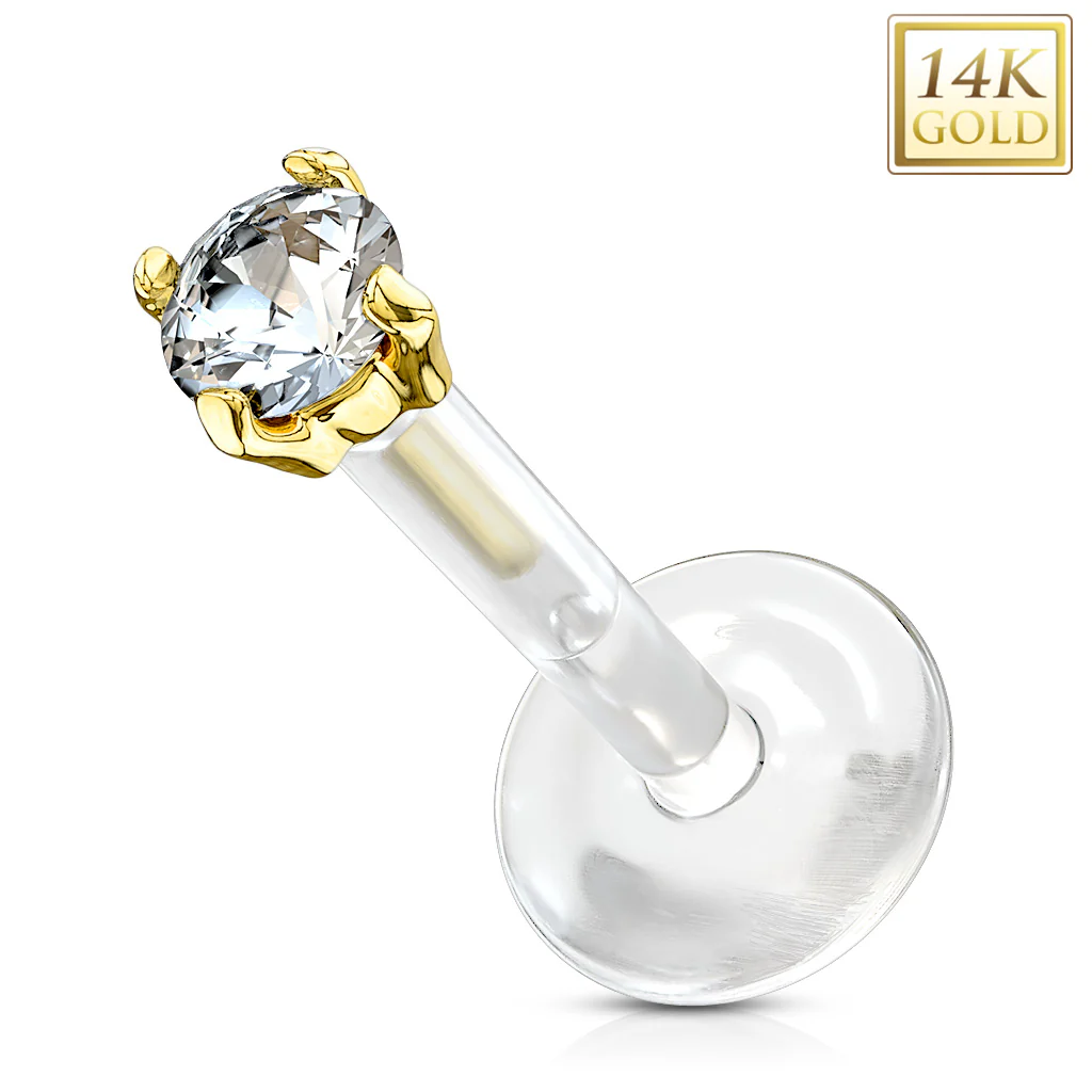 14K Solid Gold CZ Prong PTFE Flex Shaft Labret Monroe Cartilage - Image 5