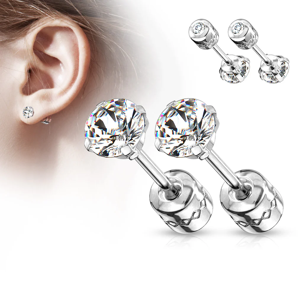 Pair Prong Set CZ 316L Surgical Steel Earring Studs Helix Screw Back With CZ - Image 3