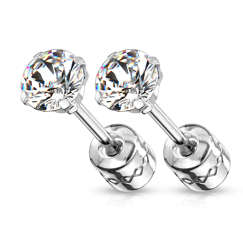 Pair Prong Set CZ 316L Surgical Steel Earring Studs Helix Screw Back With CZ - Image 5