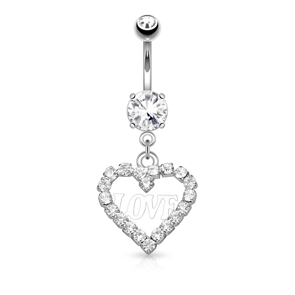 CZ Hollow Heart Love Dangle Surgical Steel Belly Button Navel Rings - Image 3