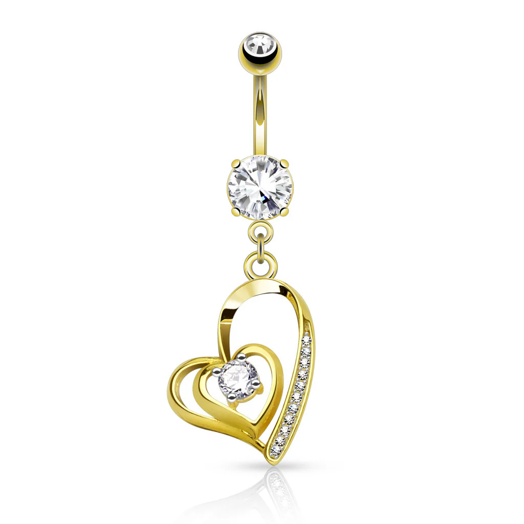 CZ Double Heart Dangle Surgical Steel Belly Button Navel Rings - Image 3
