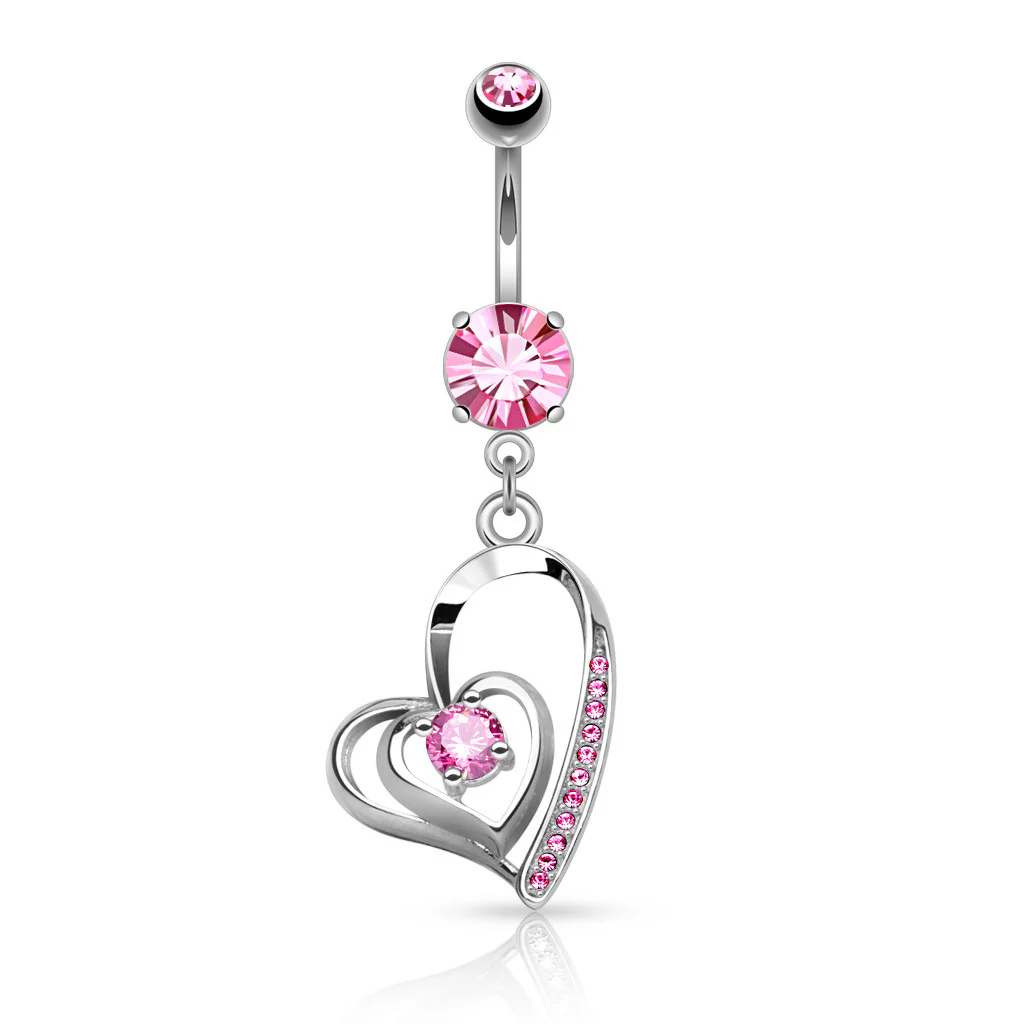 CZ Double Heart Dangle Surgical Steel Belly Button Navel Rings - Image 4