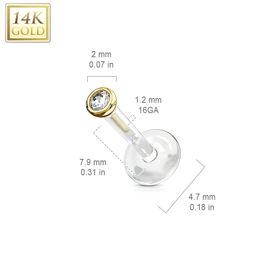 14K Solid Gold CZ Top PTFE Flex Shaft Labret Monroe Cartilage - Image 3