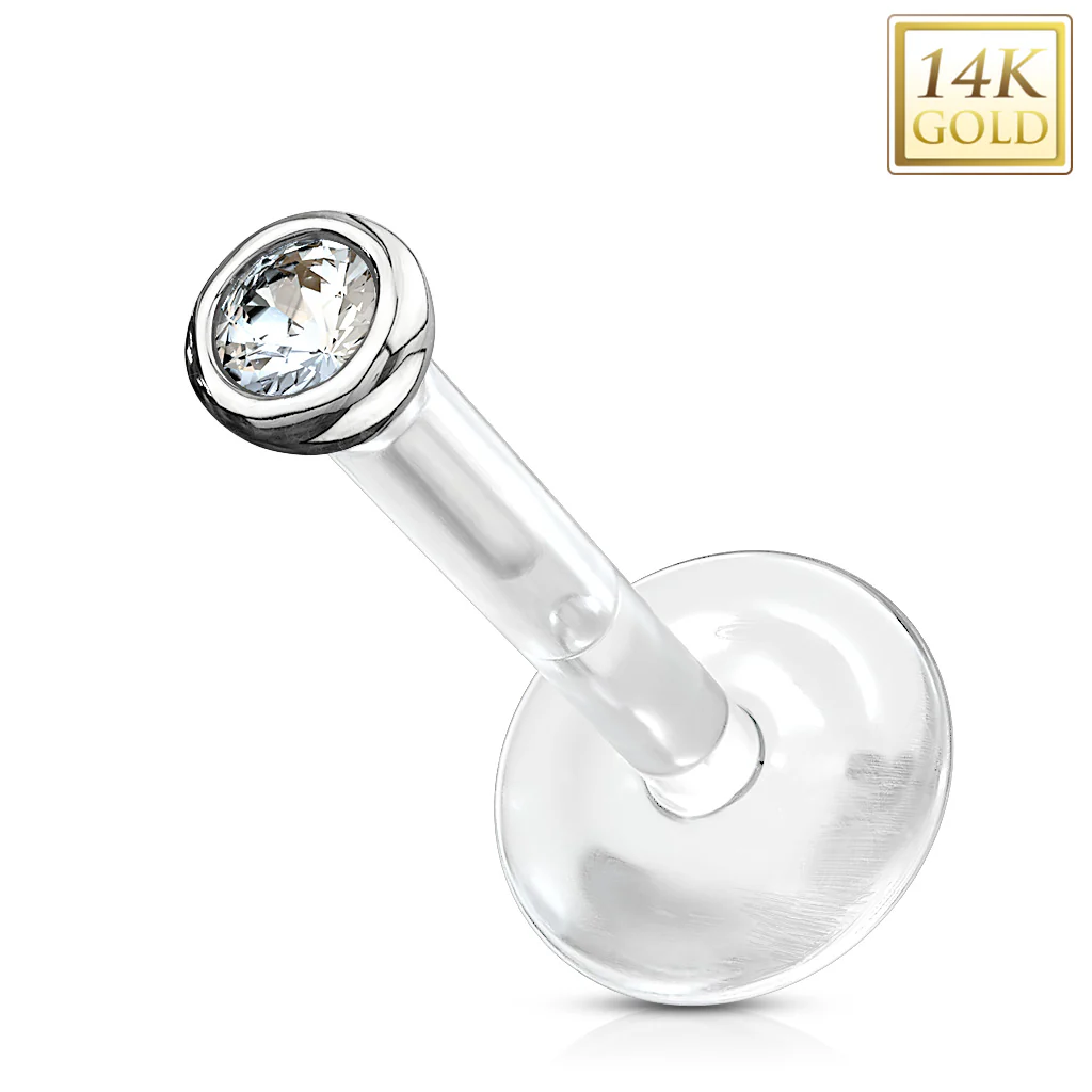 14K Solid Gold CZ Top PTFE Flex Shaft Labret Monroe Cartilage - Image 4
