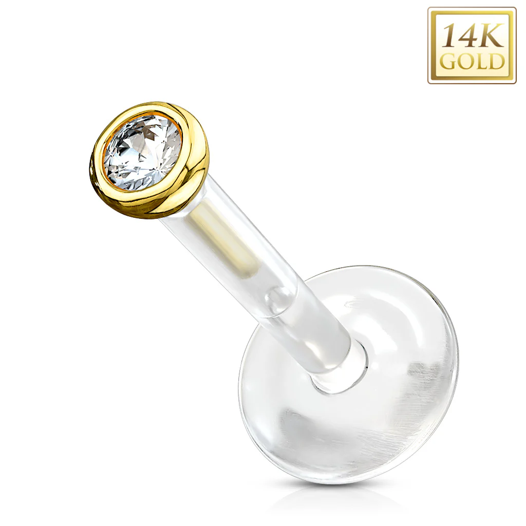 14K Solid Gold CZ Top PTFE Flex Shaft Labret Monroe Cartilage - Image 5
