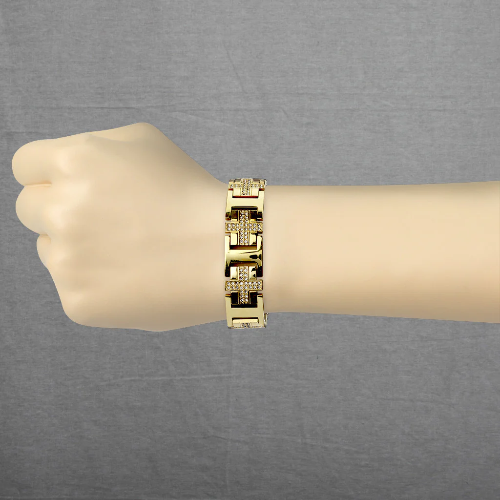 Gold IP over Stainless Steel Bracelet with Gem Paved Crosses - Image 3
