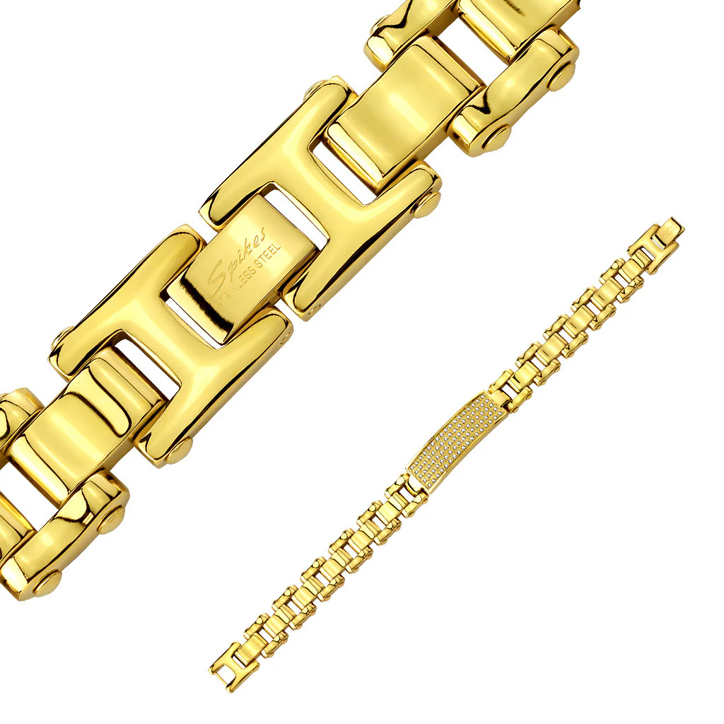 Gold IP Stainless Steel Bracelet with Gem Paved Plate - Image 3