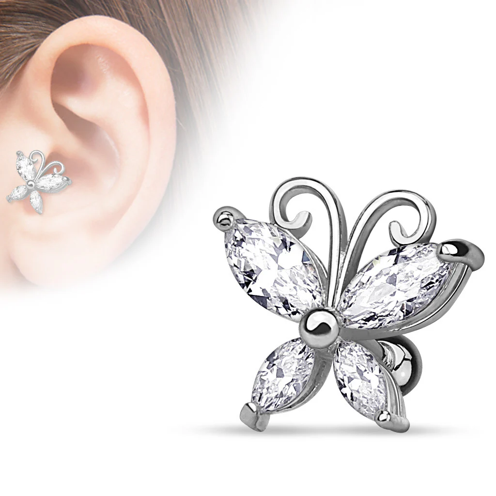 CZ Butterfly Gold Plated Cartilage Tragus Helix Barbell Stud - Image 3