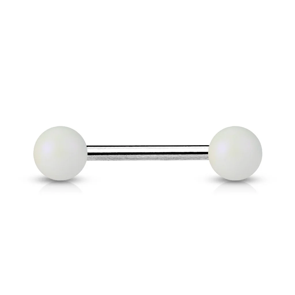 Matte Finish Pearlish Ball 316L Surgical Steel Tongue Ring - Image 3