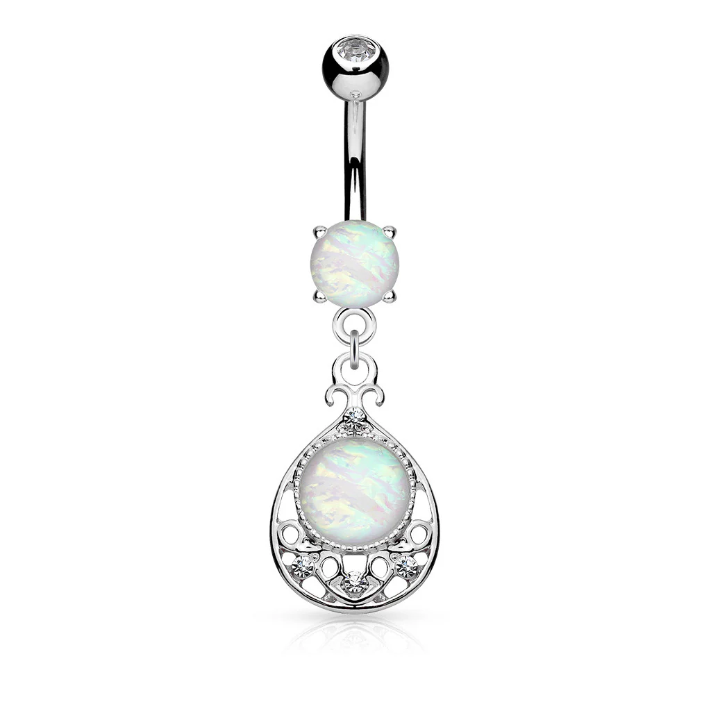 Opal Vintage Filigree Dangle Surgical Steel Belly Button Navel Rings - Image 4