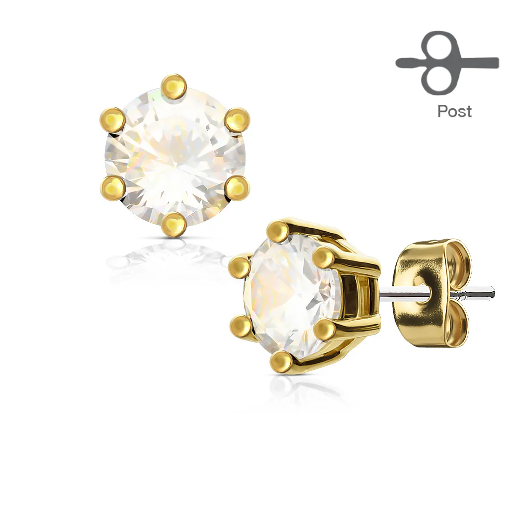 Pair of 6 Prong Set CZ 316L Surgical Steel Stud Earring - Image 3