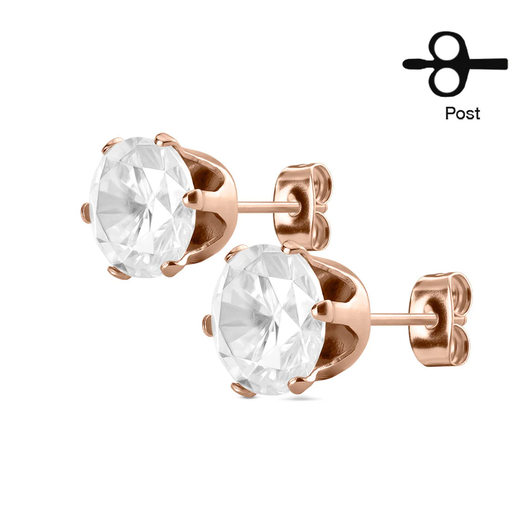 Pair of Rose Gold IP Stainless Steel Stud Earring with Round CZ - Image 3