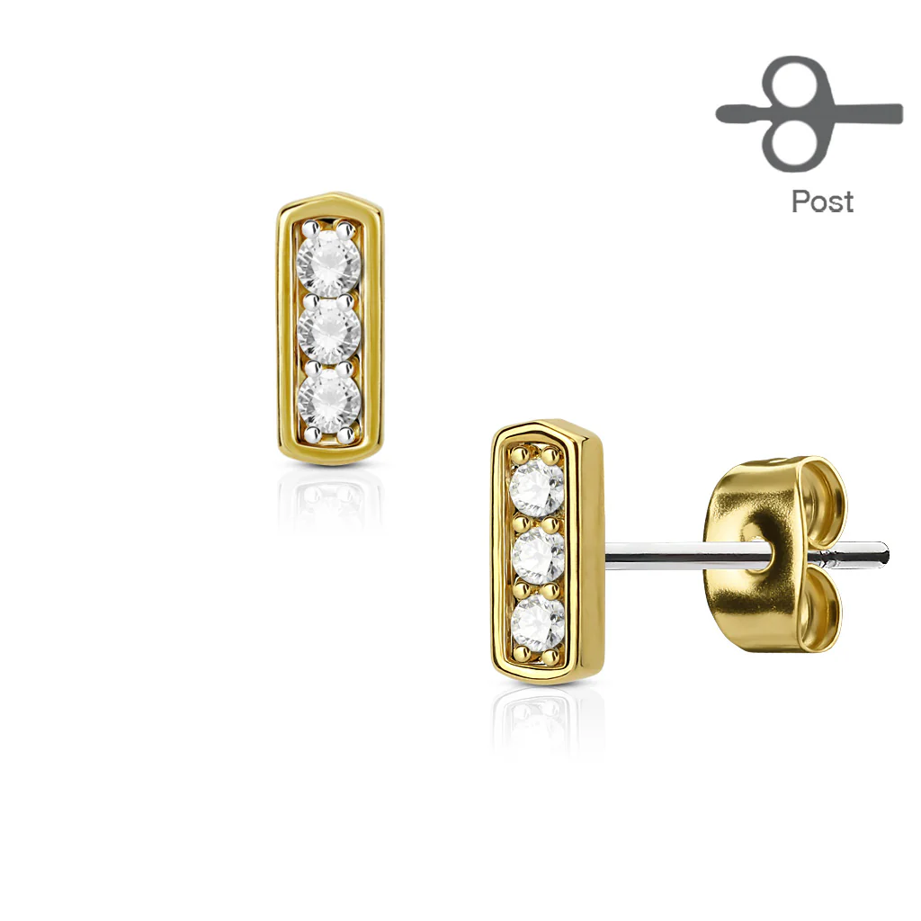 Pair of Three CZ Set Square Bar 316L Surgical Steel Stud Earring - Image 3