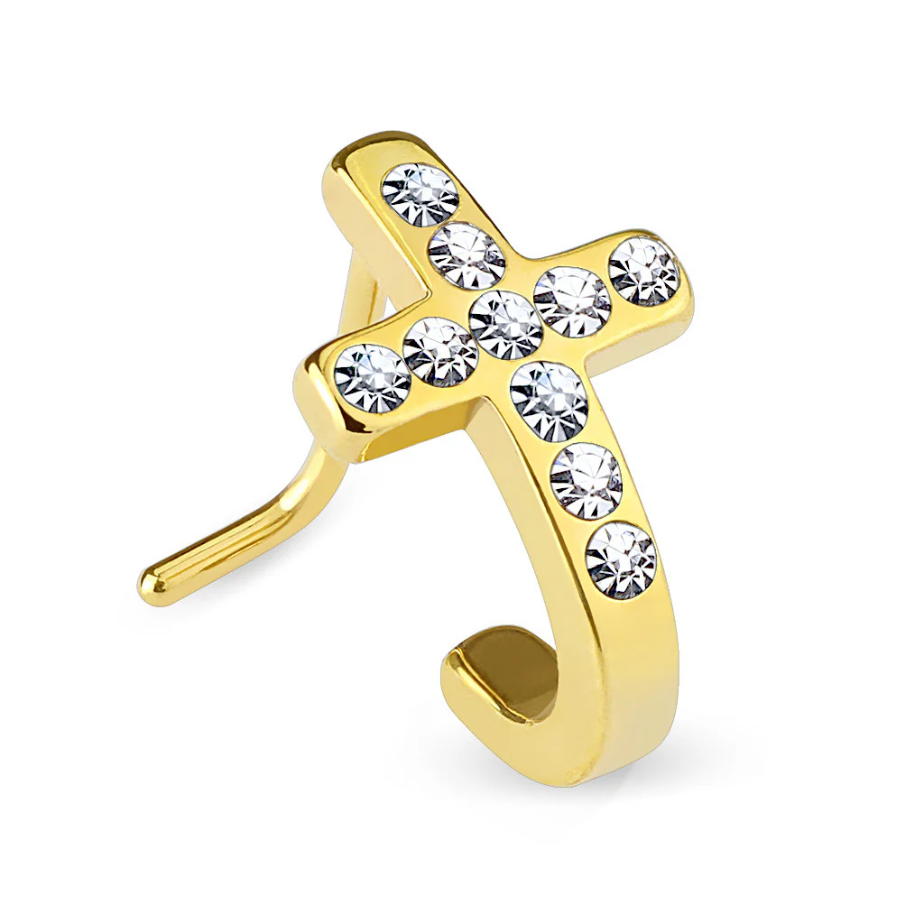 Pave Crystals Cross 316L Surgical Steel "L" Bend Nose Stud Rings - Image 3