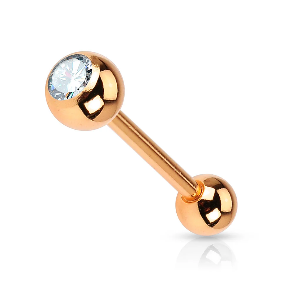 Rose Gold IP Surgical Steel Tongue Barbell with Crystal Set Ball - Image 3