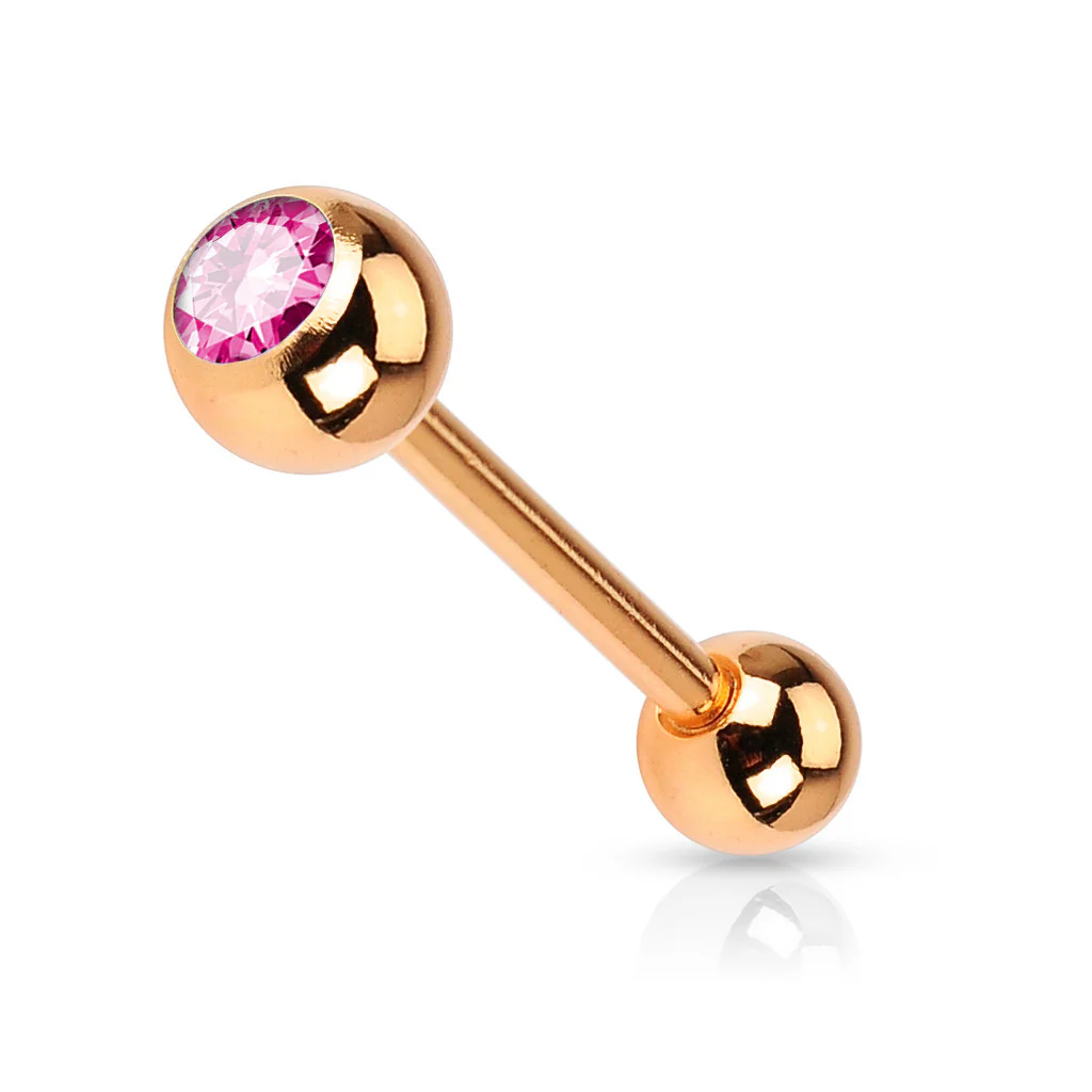 Rose Gold IP Surgical Steel Tongue Barbell with Crystal Set Ball - Image 4