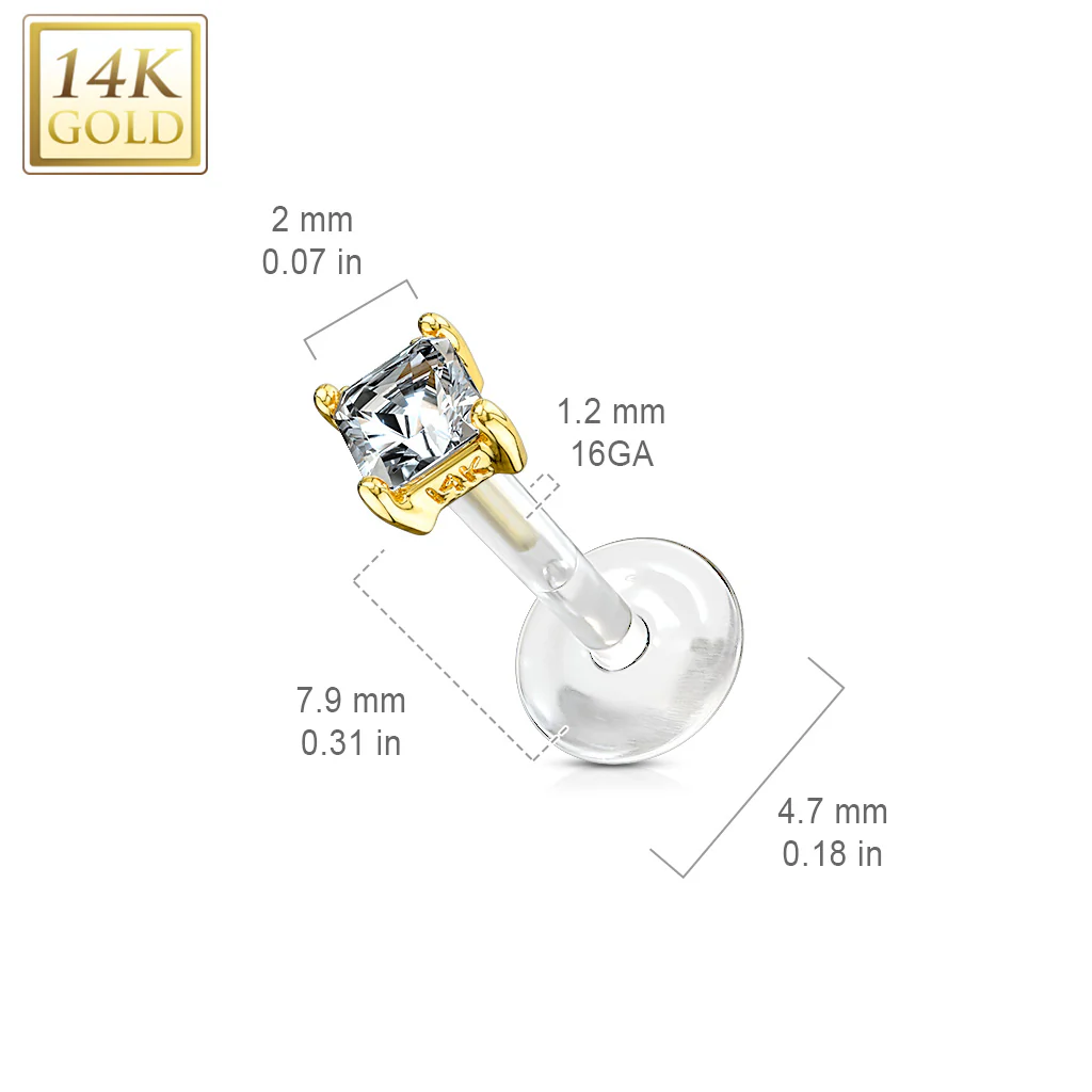 14K Solid Gold Princess Cut PTFE Flex Shaft Labret Monroe Cartilage - Image 3