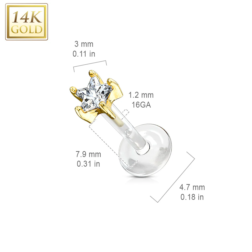 14K Solid Gold Star CZ PTFE Flex Shaft Labret Monroe Cartilage - Image 3