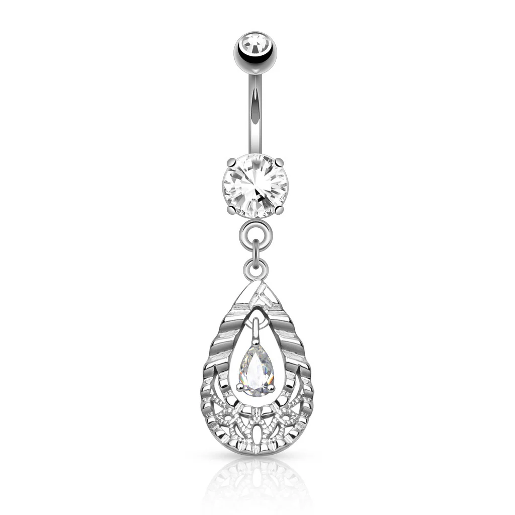 Tear Drop CZ Filigree Dangle Surgical Steel Belly Button Navel Rings - Image 3