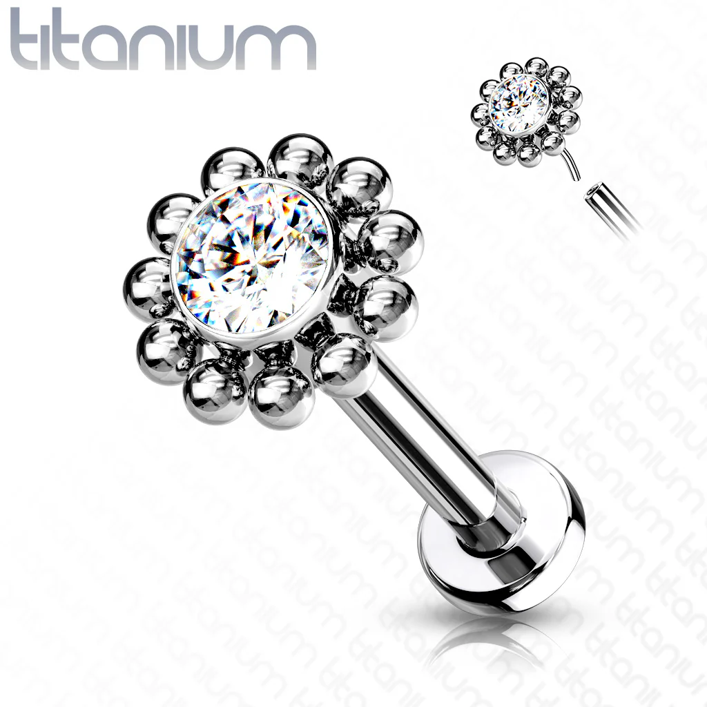 Threadless Push-In Labret Flat Back Flower Stud with CZ Cluster - Image 3