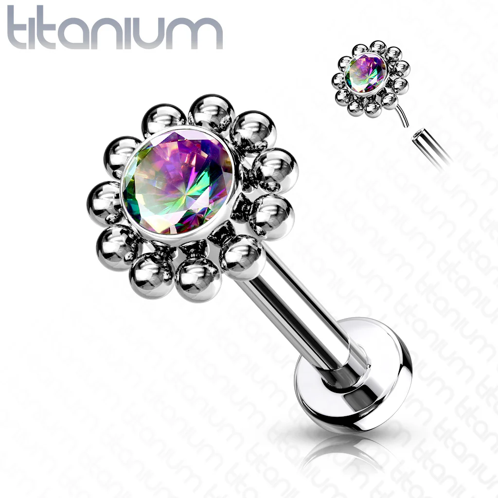 Threadless Push-In Labret Flat Back Flower Stud with CZ Cluster - Image 4